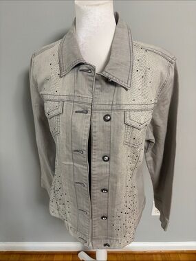 Chico's Platinum Gray Snakeskin Rhinestone Women Denim Jean Jacket Size 2 Large